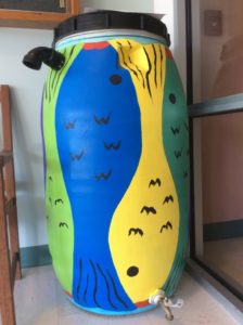 Painted Rain Barrel with Fish