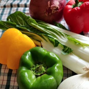 Photo of Vegetables: bok choy, peppers, and onions